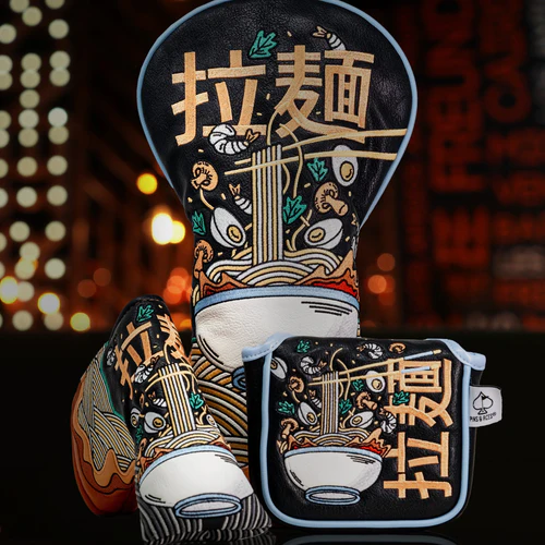 Golf headcovers arranged for display