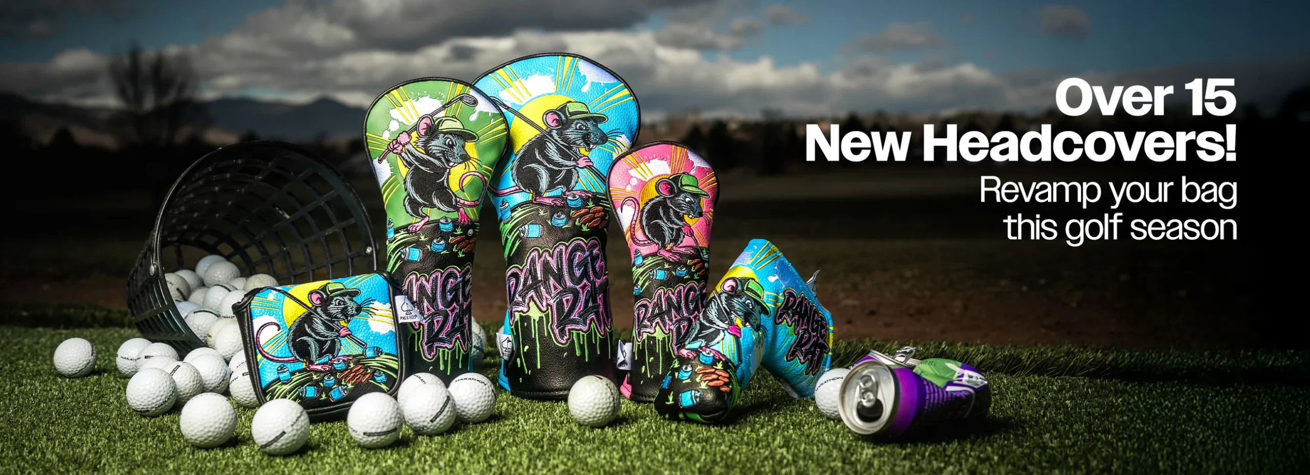 Golf accessories displayed in a promotional banner